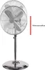 A chrome stand fan is shown against a white background, with a red arrow indicating adjustable height. Podgląd zdjęcia produktu