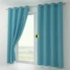 A window with blue curtains, one partially open, revealing a landscape outside. Produktbild-Vorschau
