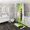 A modern bathroom with a zen-inspired theme, featuring a toilet, sink, shower curtain, and bath mat. Produktbild-Vorschau