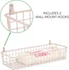 A pink wire basket is shown with a product inside, and a zoomed-in view of a wall hook included with the basket. Text indicates it includes two wall mount hooks. Produktbild-Vorschau