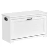 A white storage bench with a slatted front and a black handle. Produktbild-Vorschau