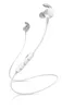 A pair of white wireless earbuds with a connecting cable and inline controls.