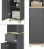 A collage of images showing a tall, narrow bathroom cabinet with a drawer and a door. Voir les images du produit