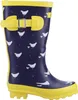 A single navy blue rain boot with a yellow trim and sole, decorated with a pattern of white chickens and red dots.
