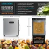 A marketing image showing a food dehydrator with its features and dimensions, along with a pile of dried fruits and nuts. Náhľad obrázku produktu