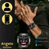 A man is carrying a log while wearing a smartwatch. The smartwatch screen shows a call interface. There are also icons and text overlays on the left and right sides of the image. Podgląd zdjęcia produktu