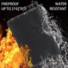 A black fireproof and water-resistant pouch is shown with flames on one side and water splashing on the other. Text indicates its fireproof rating. Produktbild-Vorschau