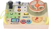 A wooden steering wheel toy for toddlers with various interactive elements. Náhled obrázku produktu