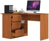 A corner desk with drawers and shelves, featuring a computer monitor and office supplies. Produktbild-Vorschau