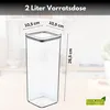 A transparent storage container with dimensions indicated, placed in a kitchen setting. Produktbild-Vorschau
