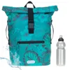 A teal roll-top backpack with a floral pattern and a silver water bottle next to it. Produktbild-Vorschau