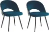 Two blue upholstered chairs with black metal legs and a floral pattern on the sides, set against a white background.