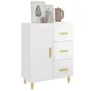 A white sideboard with wooden legs and drawer pulls, decorated with framed pictures and a teapot on top. Produktbild-Vorschau