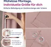 A collage of images showing a person measuring a curtain, close-ups of curtain fabric, and grommets. Produktbild-Vorschau