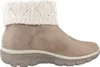 A side view of a taupe boot with a cream knitted cuff. Voir les images du produit