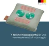A close-up of a gray massage pillow with red heating elements and green massage nodes, with text overlay. Produktbild-Vorschau