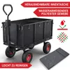 A black garden cart with red wheels is shown on a white background, with marketing text overlays and icons. Produktbild-Vorschau