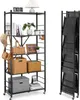 A black metal shelving unit with items on its shelves, shown next to a folded version of the same unit. Produktbild-Vorschau
