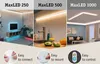 Collage of three different room settings showcasing LED strip lighting, with close-up icons illustrating ease of connection, mounting, and control. Produktbild-Vorschau
