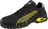 A black Puma safety shoe with yellow accents, shown from a side angle against a white background. Voir les images du produit