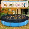 A round pool cover with leaves on it, placed on a blue pool. A house and trees with autumn leaves are in the background. There are also four circular icons at the top of the image with a red circle and a line through them, indicating things that the cover  Produktbild-Vorschau