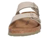 A close-up front view of a pair of beige Birkenstock sandals with cork soles. Produktbild-Vorschau