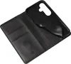A black leather flip case for a smartphone is shown open, revealing the inside compartments and the phone holder. Produktbild-Vorschau