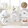 A collage of images showcasing a white vanity table with LED lights, its features, and materials. Voir les images du produit