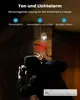 A person in a hooded jacket is startled by a security camera with a spotlight and red motion detection beams. Produktbild-Vorschau