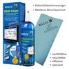 A product shot of a screen cleaning kit, including a spray bottle and a microfiber cloth, with descriptive text and branding. Produktbild-Vorschau