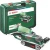 A Bosch belt sander is shown in its carrying case and also outside of it. Podgląd zdjęcia produktu