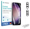 A product shot of screen protectors for a Samsung Galaxy S23, along with its packaging. Produktbild-Vorschau