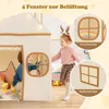 A children's play tent with two children interacting with it, and close-up views of its windows. Náhled obrázku produktu