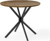 A round wooden table with a black metal base on a white background. Produktbild-Vorschau