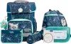 A school backpack set with various accessories, including a pencil case, wallet, and lunch box, all featuring a dandelion-like pattern and a kitten motif. Produktbild-Vorschau