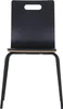 A black chair with a wooden seat and backrest with a cutout, shown from the front on a white background. Produktbild-Vorschau