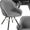 A collage of images showing a gray upholstered armchair with a swivel base, and a close-up of the chair's base. Produktbild-Vorschau