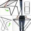 A collage of images showing a black metal clothes drying rack, including close-ups of its folding mechanism and a person using it. Podgląd zdjęcia produktu