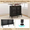 A bar cabinet with a wooden top, displayed in a room setting with a window in the background. Below the main image are two close-up shots: one of the lower part of the cabinet with a footrest, and another of an adjustable foot. Podgląd zdjęcia produktu