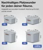 Four different sizes of storage boxes are displayed with their dimensions and capacities. Produktbild-Vorschau