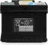 A black car battery with labels and symbols on its side. Produktbild-Vorschau