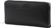 A black leather wallet with a textured pattern and a silver zipper.