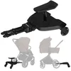 A black buggy board with a seat attachment, shown in isolation and then attached to two different strollers. Náhľad obrázku produktu