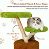 A cat tree with a cat on it, with text overlays highlighting features. Produktbild-Vorschau
