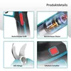 A collage of four close-up images showcasing different features of a cordless pruning tool. Produktbild-Vorschau
