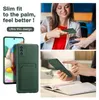 Collage of images showing a green phone case with a card slot, a woman making a contactless payment with her phone, and a close-up of hands holding the phone case. Produktbild-Vorschau