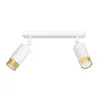 A white ceiling light with two adjustable spotlights, each with a gold accent ring. Podgląd zdjęcia produktu