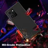 A black smartphone case is shown in a dramatic, abstract setting with glowing red and blue geometric shapes and sparks flying from the bottom of the case. Produktbild-Vorschau