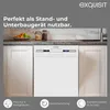 A white dishwasher integrated into kitchen cabinets, with a countertop featuring fruit and jars above. Produktbild-Vorschau