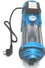 A blue electric water pump with a clear cylindrical body and a black power cord with a plug. Produktbild-Vorschau